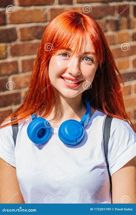 Portrait Of Red Haired Girl In City In Sunlight Stock Image Image Of Beauty Enjoy 172201799