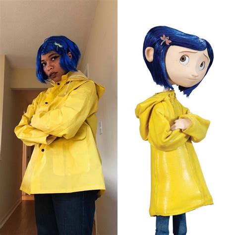 A Woman With Blue Hair Wearing A Yellow Raincoat And Standing In Front Of A Mirror
