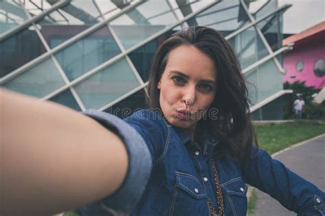 Pretty Girl Taking A Selfie In The City Streets Stock Image Image Of
