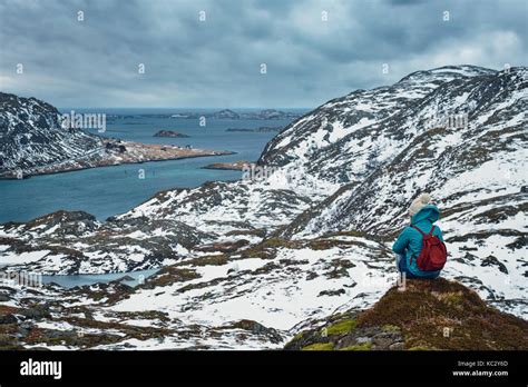 Woman Tourist On Lofoten Islands Norway Stock Photo Alamy
