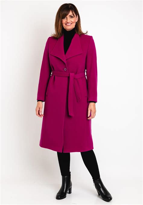 Christina Felix Belted Waist Wool Cashmere Blend Long Coat Raspberry