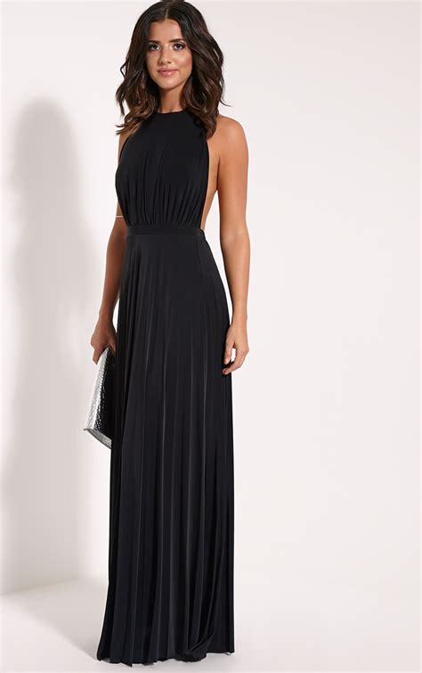 Lorelei Black Halterneck Pleated Maxi Dress Prettylittlething Usa
