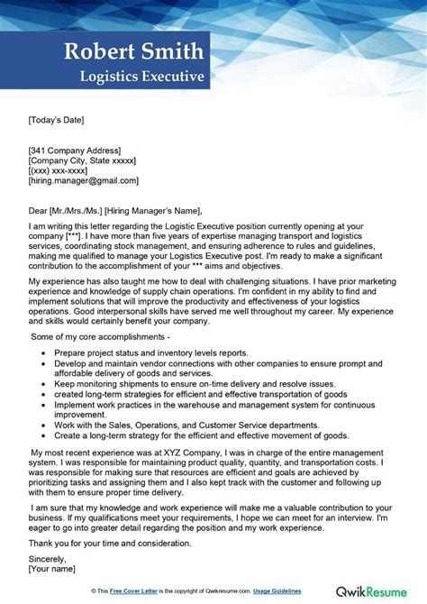 Logistics Executive Cover Letter Examples Qwikresume
