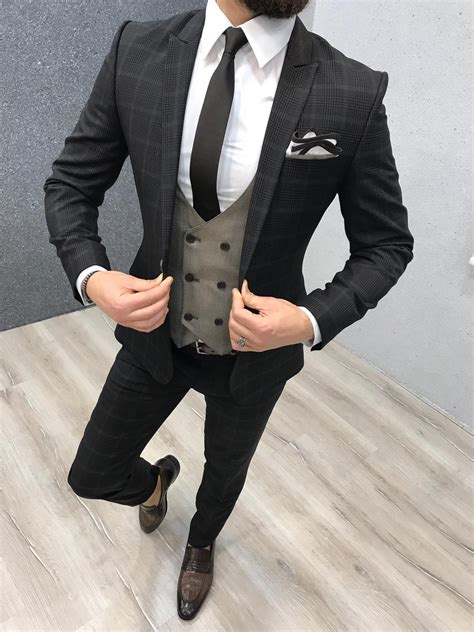 Buy Coffee Slim Fit Plaid Wool Suit By With Free Shipping