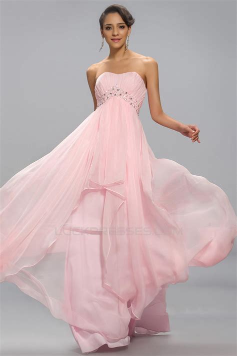 Empire Strapless Beaded Long Pink Chiffon Prom Evening Formal Party