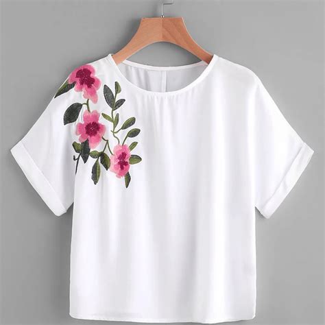 Women T Shirt Flower Embroidery Shirt Short Sleeve Cropped Top Woman