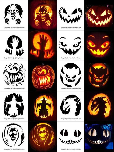 Pumpkins With Faces Carved Into Them All Lit Up In Different Colors And Shapes