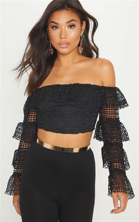 Black Lace Tiered Sleeve Crop Top Tops Prettylittlething