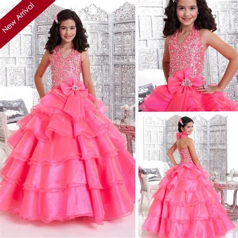 2014 Princess Ball Gown Halter Pink Party Dresses For Girls Of 7 Years