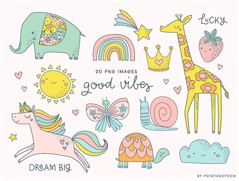 Cute Girly Doodle Clipart Unicorn Rainbow Elephant Etsy Uk