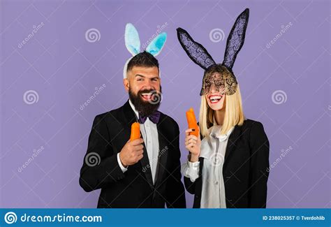 Easter Bunny Couple Eat Carrot Funny Couple Wearing Bunny Ears Bunny
