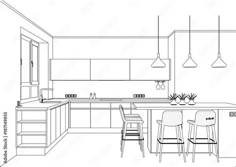 3d Vector Sketch Modern Kitchen Design In Home Interior Kitchen