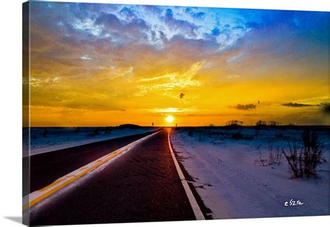 Driving Into Sunset Open Road Highway Distant Sun Wall Art Canvas