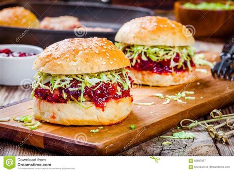Burgers With A Cutlet Of Turkey Cranberry Sauce And Salad Stock Image