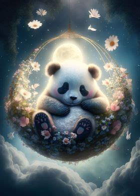 A Panda Bear Sitting On Top Of A Cloud Filled Sky With Daisies And Butterflies