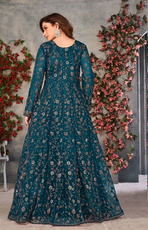 Heavy Designer Sequance Embroidery Work Soft Net Traditional Anarkali Dress In Amazing Teal Blue