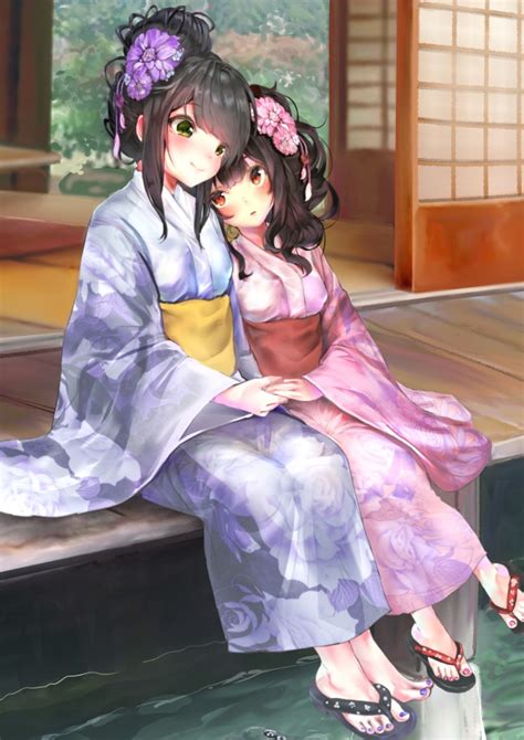 Download 1366x768 Anime Girls Kimono Cute Summer