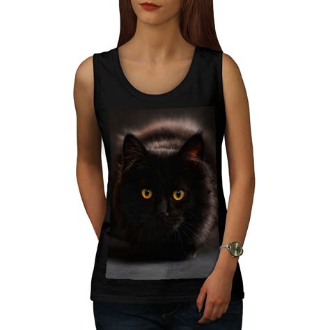 Wellcoda Black Pussy Cat Womens Tank Top Fluffy Athletic Sports Shirt