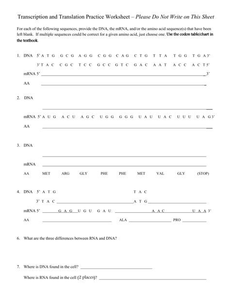 Tell whether each shape was translated, rotated, or reflected. Transcription And Translation Practice Worksheet Answer ...