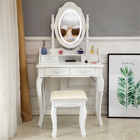White Vanity Set With Lighted Mirror And Stool Drawer Women Makeup Dressing Table Ebay