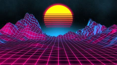 The Sun Is Setting Over Some Mountains In An Old School Style Computer