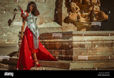 Medieval Beautiful Brunette Woman Wearing Gold And Copper Corset In