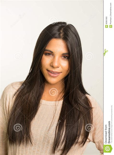 Woman Smiling Happily With Long Dark Hair Stock Photo Image Of Green