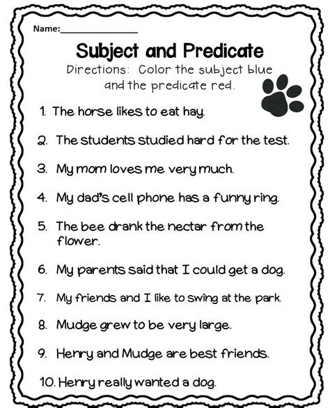 Subject And Predicate 1st Grade Subject And Predicate Subject And