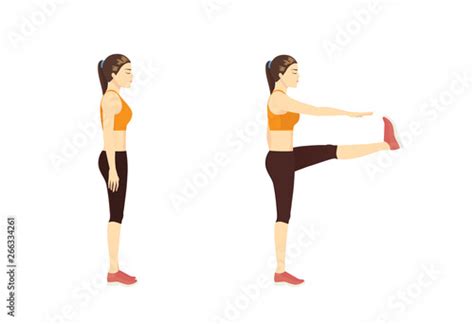 Woman Doing Standing Toe Touch Stretches Exercise In 2 Step