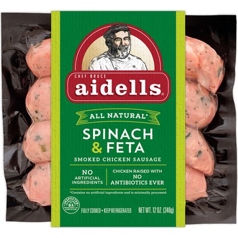 Chicken sausage links are hand stuffed in natural casings and slow smoked over real hardwood chips. Aidells® Smoked Chicken Sausage, Spinach & Feta, 12 oz. (4 Fully Cooked Links) | Casey's Foods