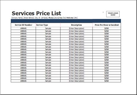 Services Price List Templates For Ms Excel Excel Templates