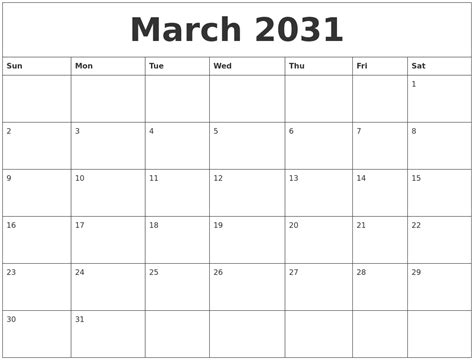 March 2031 Large Printable Calendar