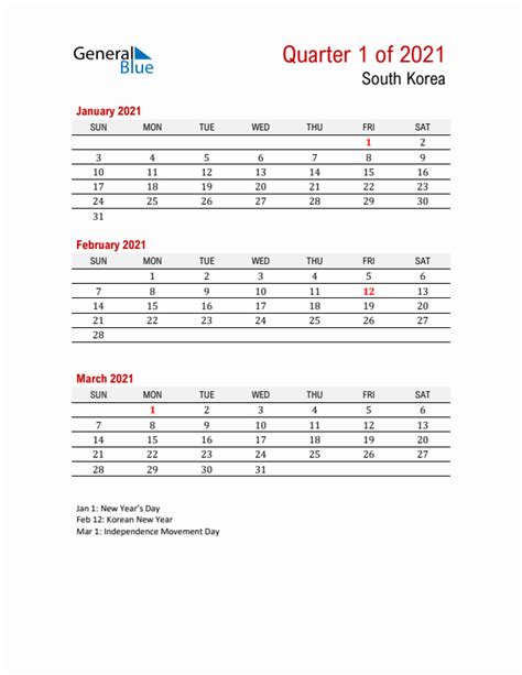 Q1 2021 Quarterly Calendar With South Korea Holidays