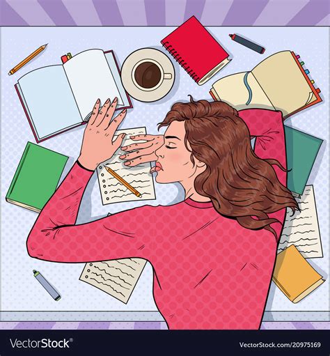 Pop Art Exhausted Female Student Sleeping On Desk Vector Image