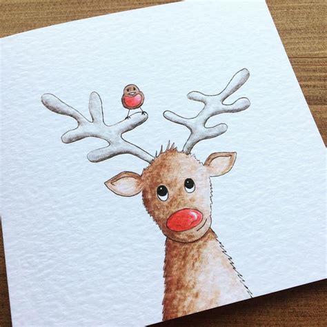 Reindeer Hello Christmas Card Robins Appear Hand Drawn Etsy