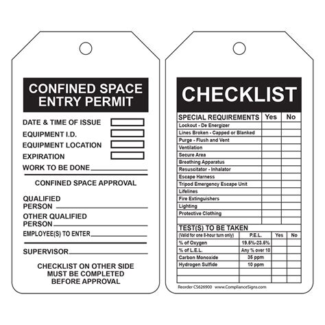 Confined Space Safety Tag Confined Space Entry Permit Checklist