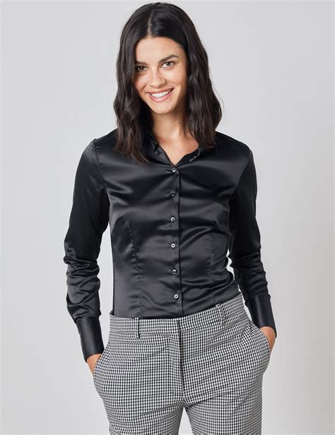 satin women s fitted shirt with single cuff in black hawes and curtis uk