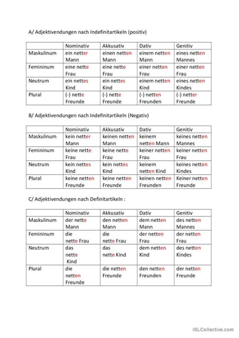 Adjektivendunge Deutsch DAF Arbeitsblätter pdf doc