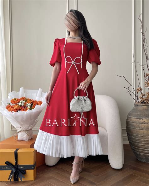 فستان أحمر بفيونكة أنيقة متجر بارلينا barllina