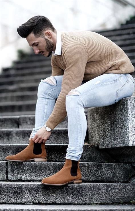 Discover our faux men's suede chelsea boots. @youclement - with a light wash ripped denim tan sweater ...