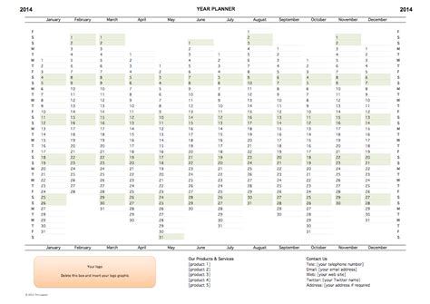 Year Planner Template 2014 Editable Excel Printable Infozio
