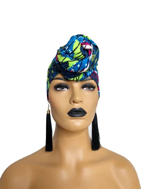 African Head Wraps For Women Blue Ankara Turban Ethnic Head Etsy