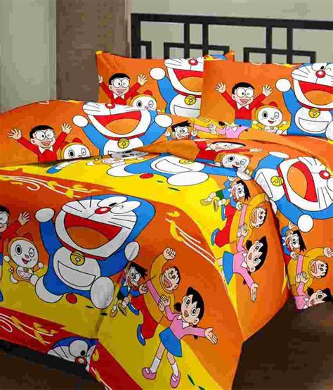 Cartoon Prints Doraemon Double Bed Sheet Set With 2 Blankets 220 Tc