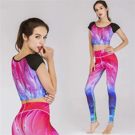 Gxqil Colorful Yoga Set Sport Workout Clothes Gym Woman Sportswear Leggings T Shirt Fitness