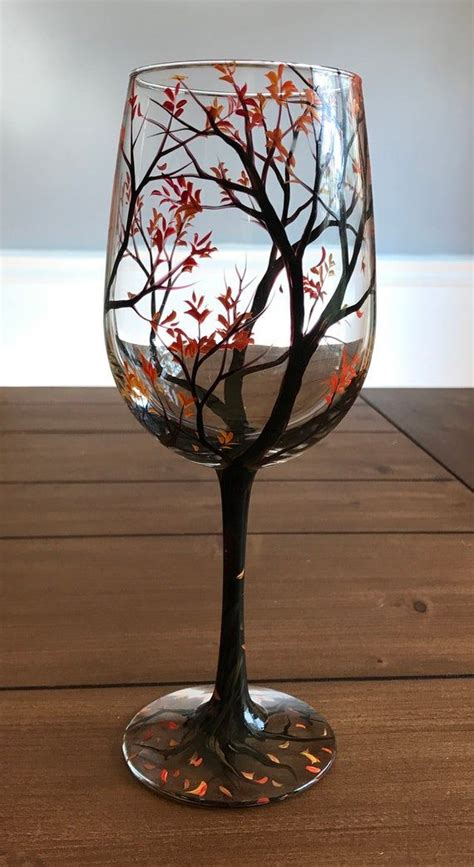 Wine Glasses Hand Painted Tree Falling Leaves Autumn Fall Seasonal Stemware Custom Colors Unique