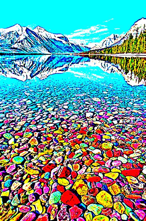 The Beautiful And Colorful Pebble Shore Lake In Glacier National Park