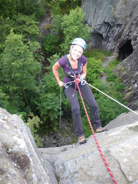 The practice of descending a steep slope by a rope secured from above and coiled around. Abseiling in the Lake District - River Deep Mountain High ...