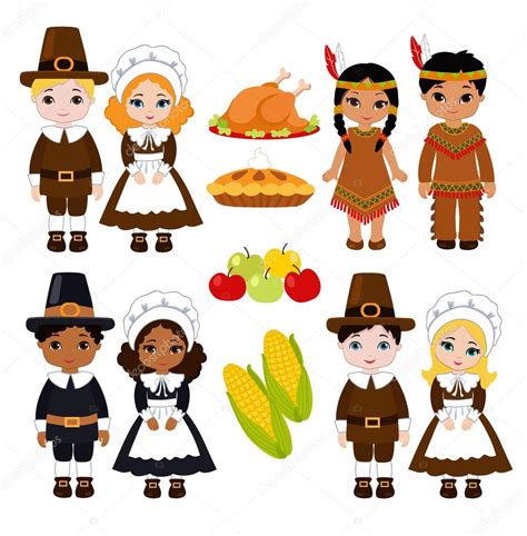 Indians And Pilgrims Sharing Food For Thanksgiving — Stock Vector