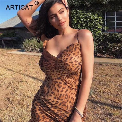 Articat Sexy V Neck Leopard Party Dress Women Spaghetti Strap Backless