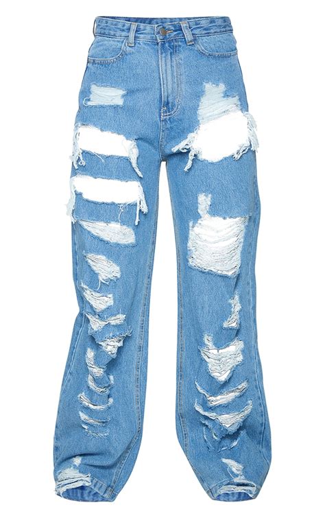 Mid Blue Wash Ripped Baggy Boyfriend Jeans Prettylittlething Ca